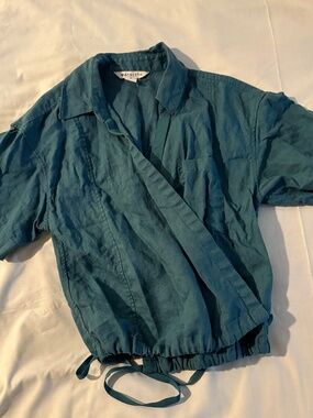 SOLD-VNTD-Athleta Playa Tie Top 100% Linen Short Sleeve Wrap Teal Blue Size S